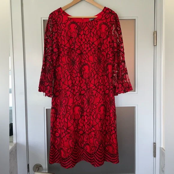 Sharagano Red and Black Lace Dress